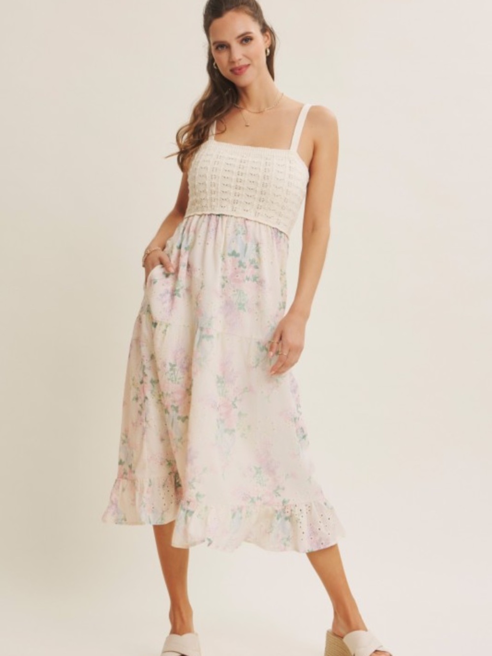 Dreamiest Crochet Twofer Midi Dress With Eyeelt - Picture 3 of 6
